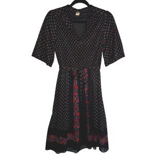 VTG 1970s Size‎ 12 Black Red Floral Sheer Dress Housewife Cottagecore Whimsigoth